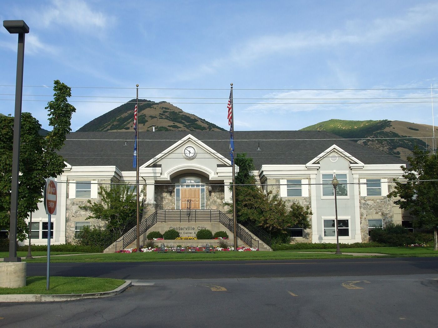 Centerville City Hall with the Wasatch foothills behind it, Centerville, Utah