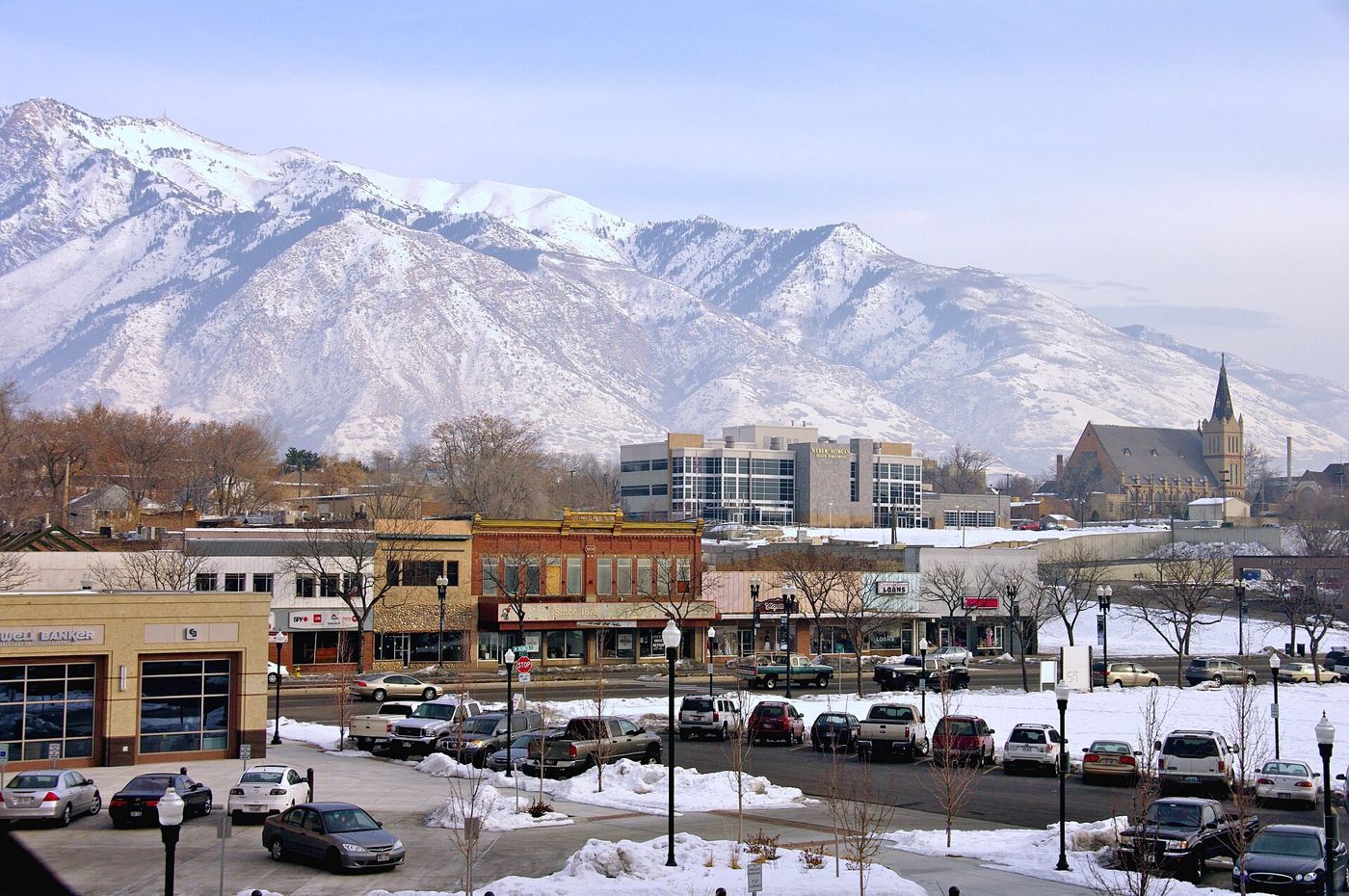 Downtown Ogden, Utah, with the Wasatch Mountains behind it